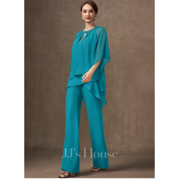 JJs House Frmal Jumpsuit Pantsuit Chiffon Mother Bride Wedding Teal Beaded 22W - Picture 1 of 16